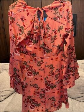 Atmosphere Coral Floral Tie-Back Bell-Sleeve Blouse